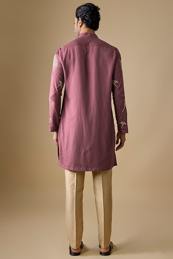 Salmon Pink Linen Silk Zari Embroidered Kurta Set by Sharad Raghav men at Pernia's Pop Up Shop