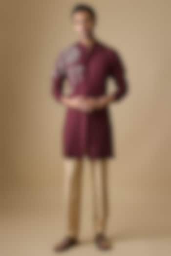 Plum Linen Silk Zari Embroidered Kurta Set by sharad raghav men