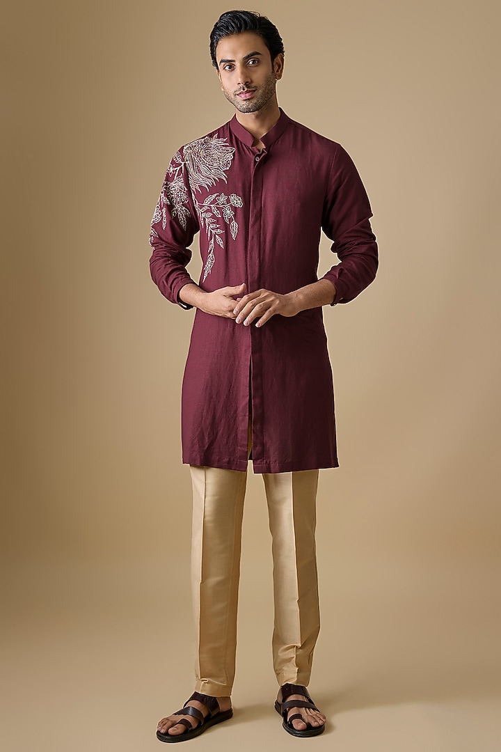 Plum Linen Silk Zari Embroidered Kurta Set by sharad raghav men
