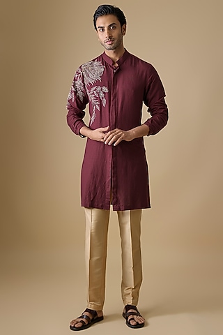 Plum Linen Silk Zari Embroidered Kurta Set by Sharad Raghav men