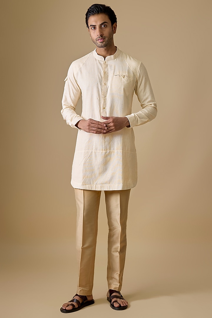 Off-White Linen Silk Kurta Set by sharad raghav men