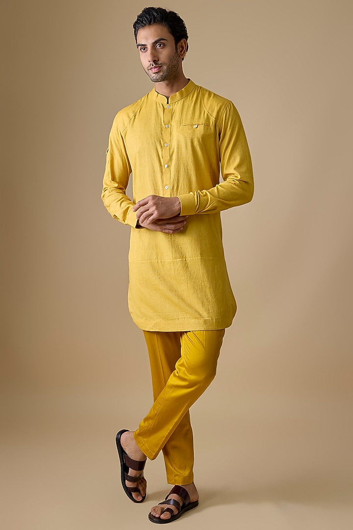 Yellow Linen Silk Kurta Set by sharad raghav men