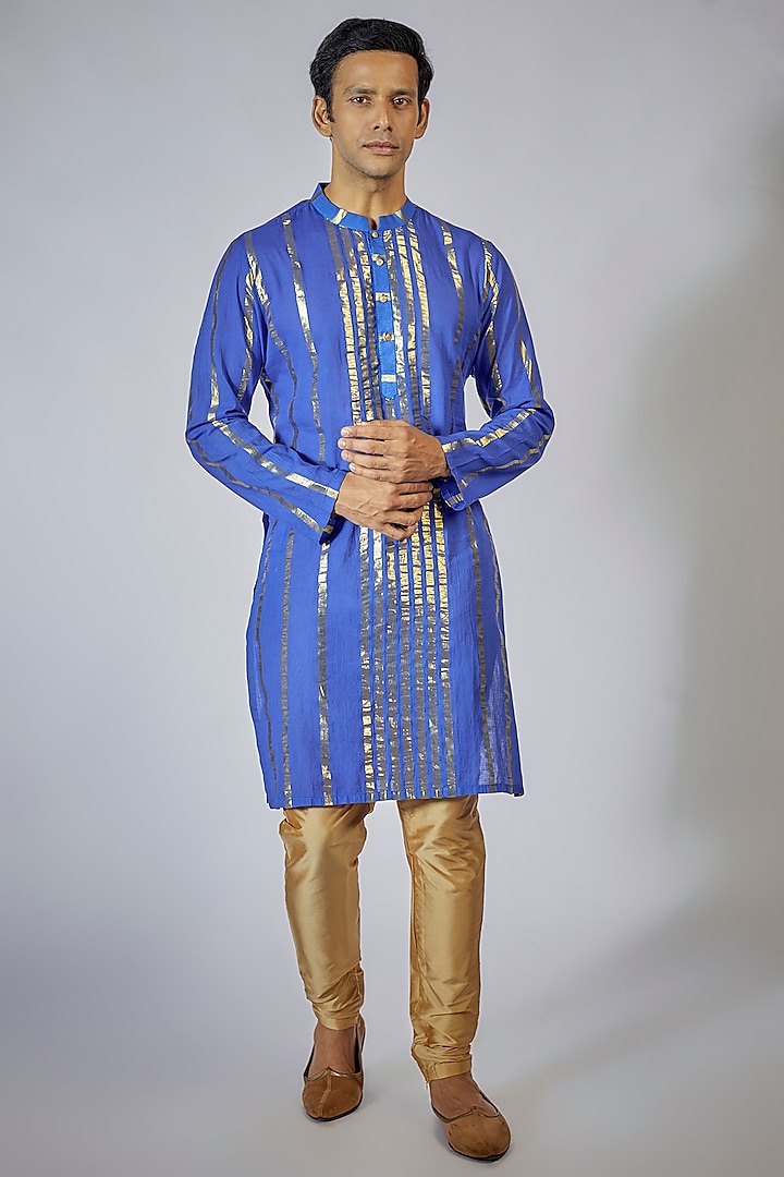 Royal Blue Cotton Gota Striped Kurta Set by Sharad raghav men