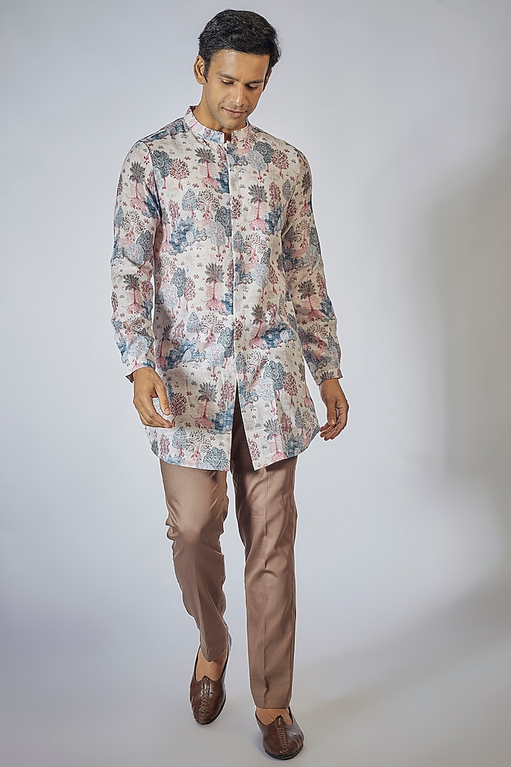 Beige Linen Silk Digital Printed Kurta Set by Sharad raghav men