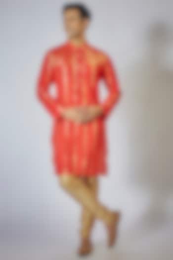 Red Cotton Gota Striped Kurta Set by Sharad raghav men