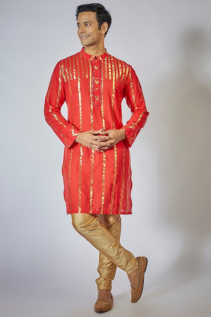 Red Cotton Gota Striped Kurta Set by Sharad raghav men