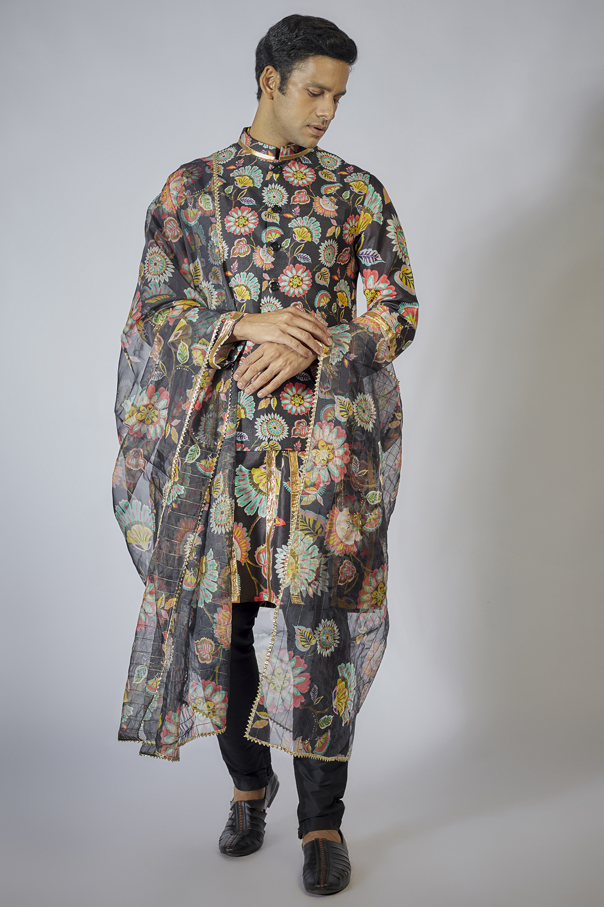Black Flat Silk Floral Printed Bundi Set by Sharad raghav men