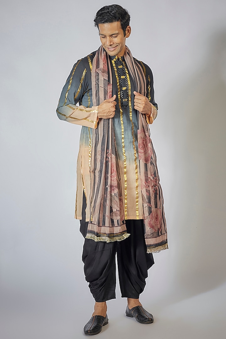 Black Cotton Mirror Embroidered & Tie-Dye Printed Kurta Set by Sharad raghav men