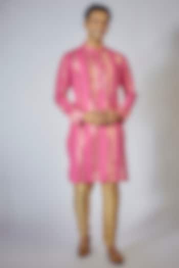 Blush Pink Cotton Mirror Embroidered Kurta Set by Sharad raghav men
