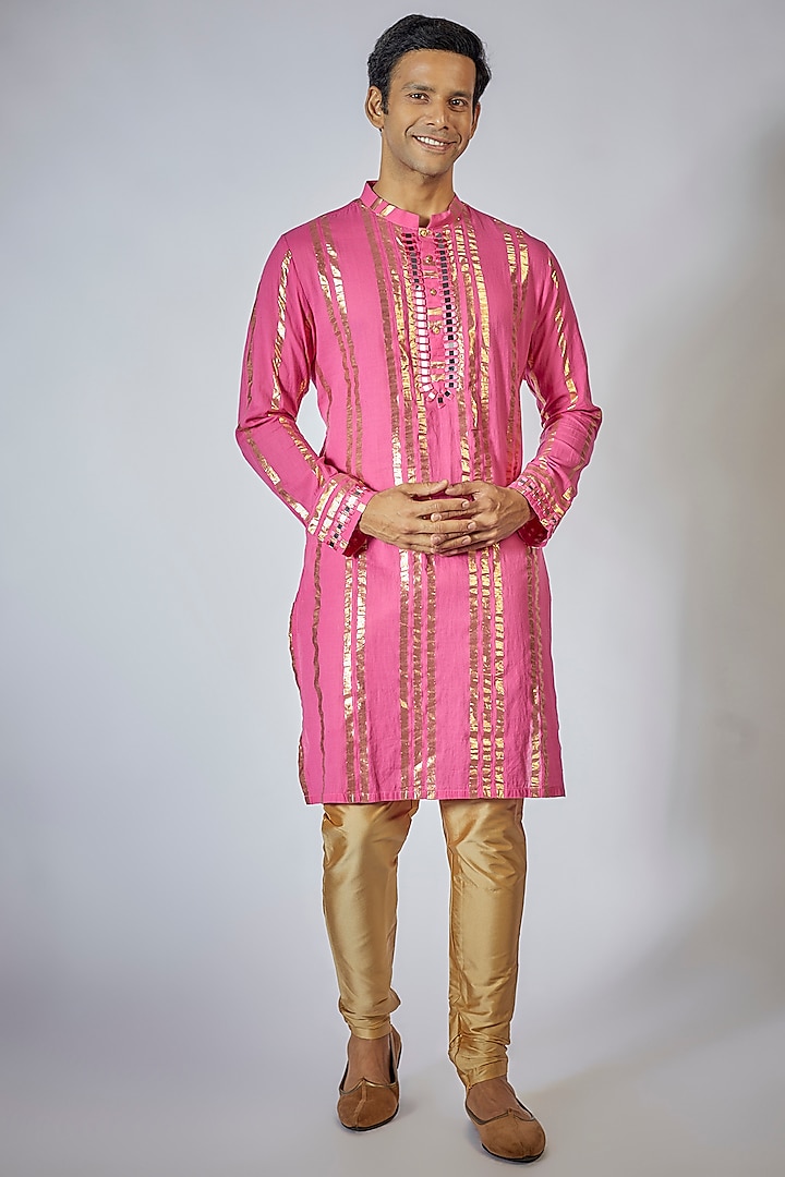 Blush Pink Cotton Mirror Embroidered Kurta Set by Sharad raghav men