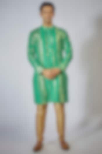 Green Cotton Gota Striped Kurta Set by Sharad raghav men