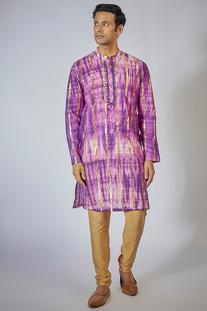 Purple Cotton Mirror Embroidered & Tie-Dye Printed Kurta Set by Sharad raghav men
