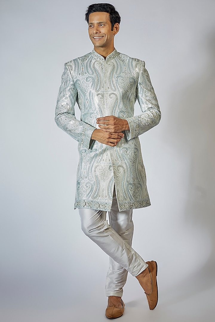 Powder Blue Silk Sequins Embroidered Indowestern Set by Sharad raghav men