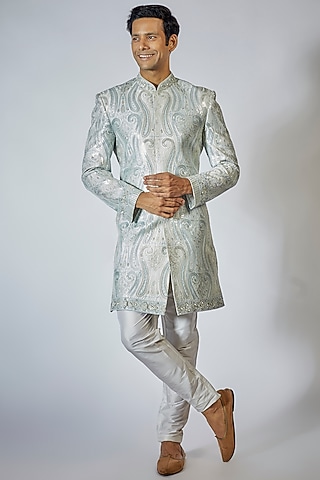 Powder Blue Silk Sequins Embroidered Indowestern Set by Sharad raghav men