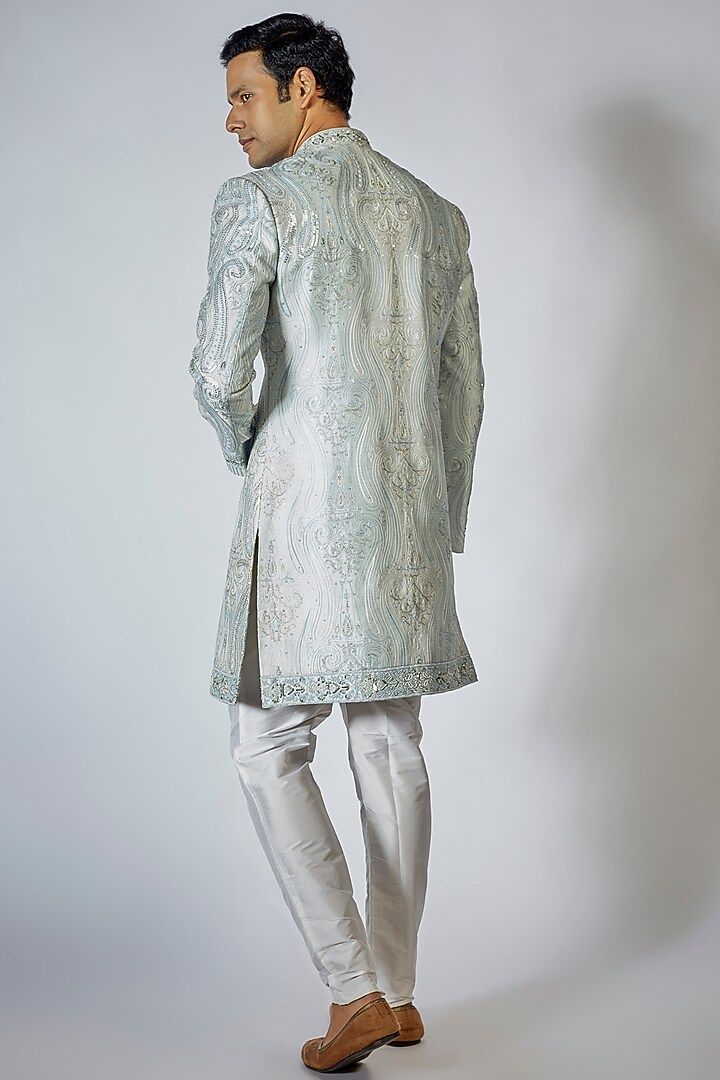 Powder Blue Silk Sequins Embroidered Wedding Indowestern Set by Sharad raghav men at Pernia's Pop Up Shop