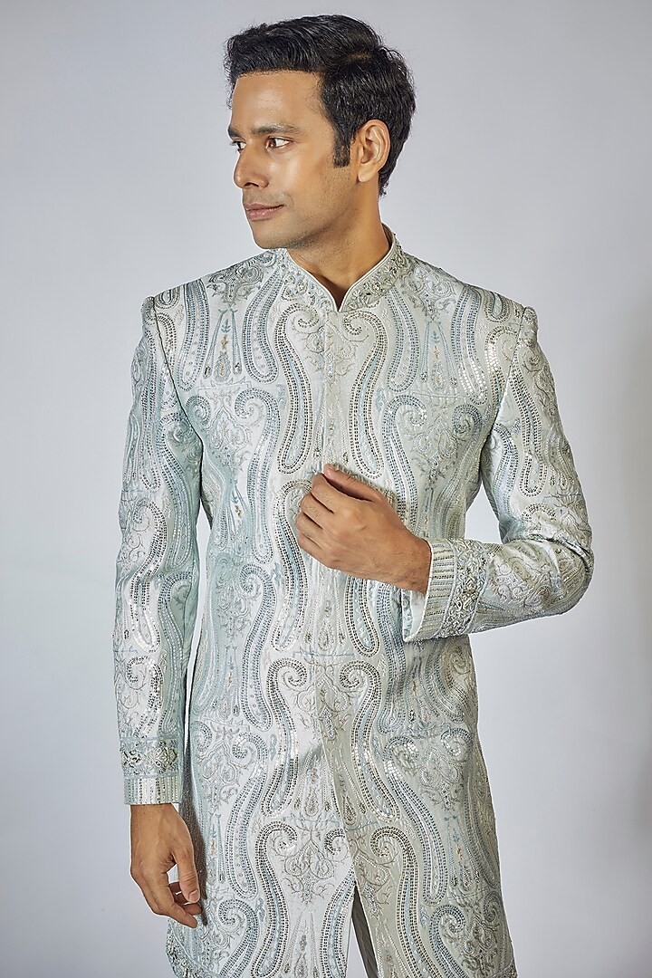 Powder Blue Silk Sequins Embroidered Wedding Indowestern Set by Sharad raghav men at Pernia's Pop Up Shop