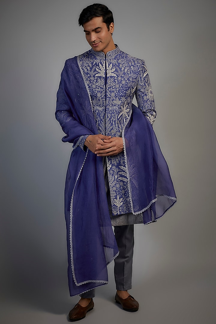 Royal Blue Silk Zari & Resham Embroidered Indowestern Set by Sharad raghav men
