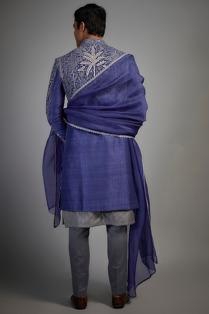 Royal Blue Silk Zari & Resham Embroidered Indowestern Set by Sharad raghav men at Pernia's Pop Up Shop