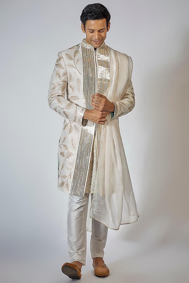 Off-White Raw Silk Zari Embroidered Indowestern Set by Sharad raghav men