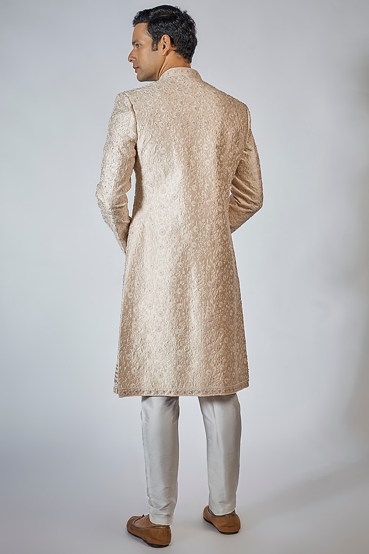 Soft Pastel Raw Silk Zardosi Embroidered Groom Sherwani Set by Sharad raghav men at Pernia's Pop Up Shop