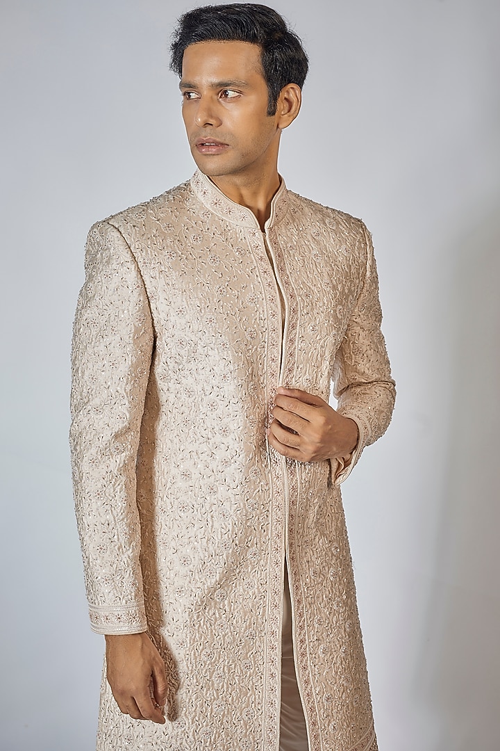 Soft Pastel Raw Silk Zardosi Embroidered Groom Sherwani Set by Sharad raghav men at Pernia's Pop Up Shop