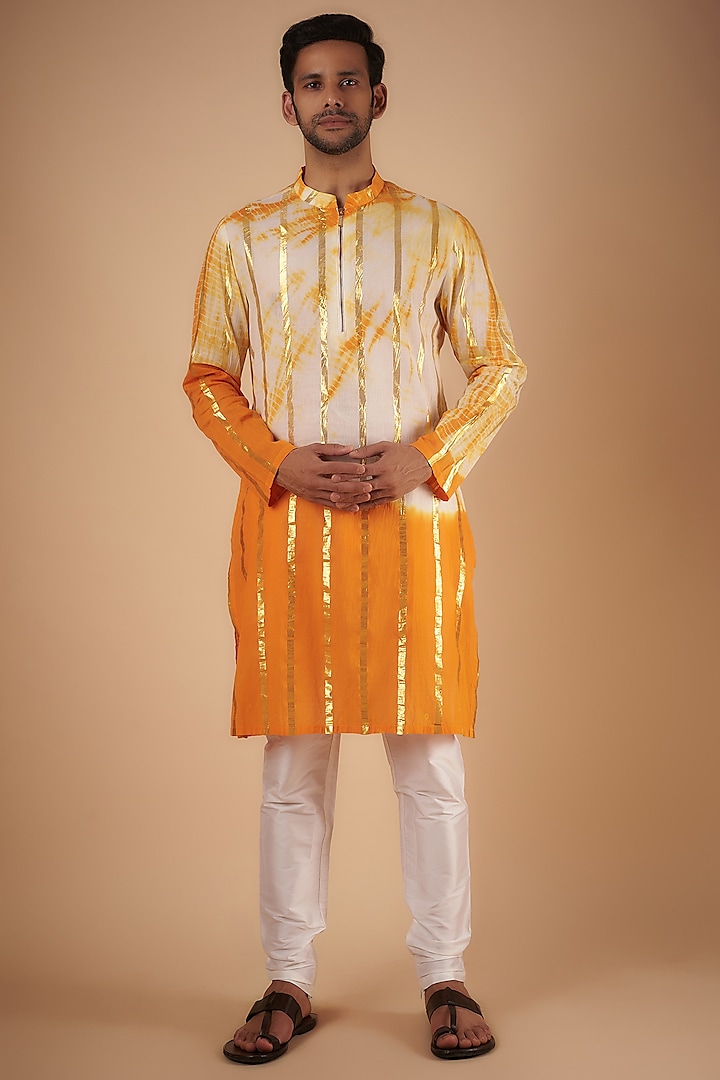 Ivory & Orange Cotton Lurex Printed Kurta Set by Sharad raghav men