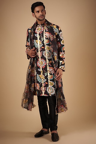 Black Flat Silk Floral Digital Printed Kurta Set by Sharad raghav men