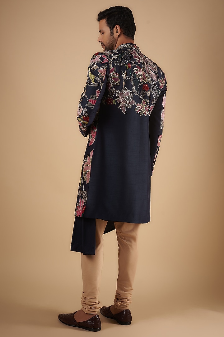 Blue Raw Silk Hand Embroidered Wedding Indowestern Set by Sharad raghav men at Pernia's Pop Up Shop