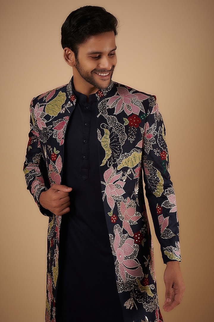 Blue Raw Silk Hand Embroidered Wedding Indowestern Set by Sharad raghav men at Pernia's Pop Up Shop