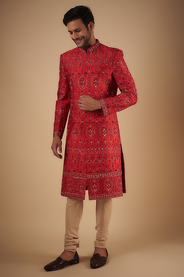Red Raw Silk Embroidered Sherwani Set by Sharad raghav men