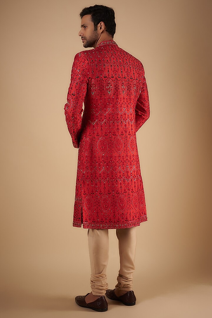 Red Raw Silk Hand Embroidered Groom Sherwani Set by Sharad raghav men at Pernia's Pop Up Shop