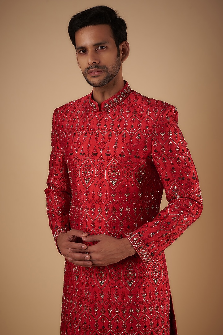 Red Raw Silk Hand Embroidered Groom Sherwani Set by Sharad raghav men at Pernia's Pop Up Shop