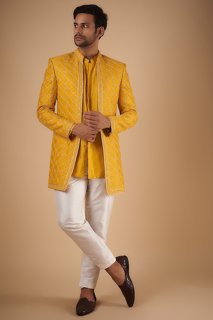 Yellow Raw Silk Embroidered Indowestern Set by Sharad raghav men