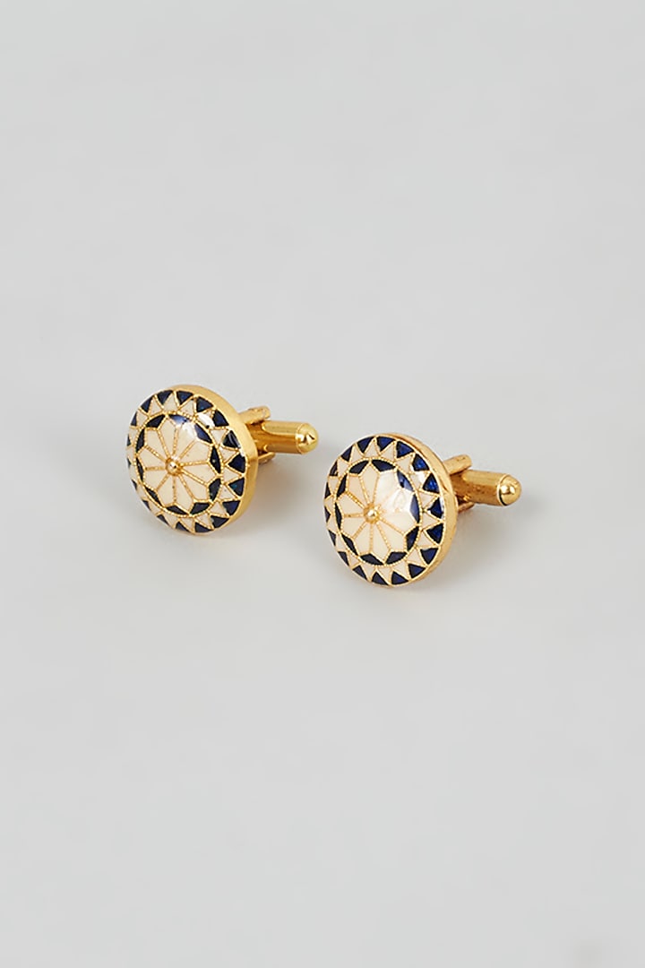 Black Brass Floral Meenakari Cufflinks by sharad raghav men