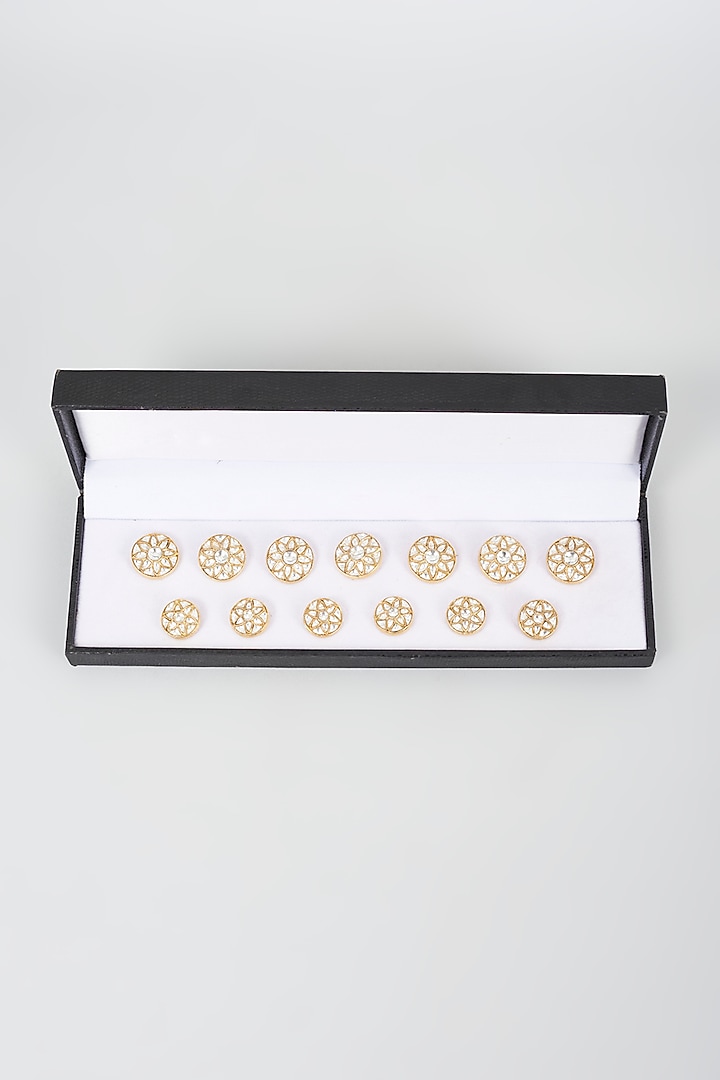 Silver Kundan Polki Buttons (Set of 13) by sharad raghav men at Pernia's Pop Up Shop