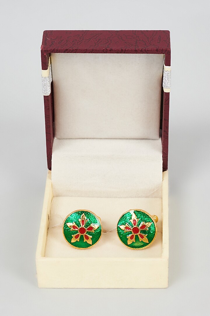 Green Brass Meenakari Cufflinks by sharad raghav men at Pernia's Pop Up Shop