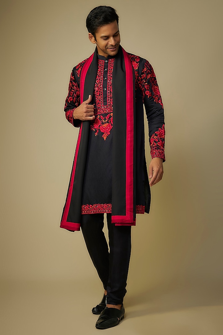 Black Linen Silk Kashmiri Embroidered Kurta Set by sharad raghav men