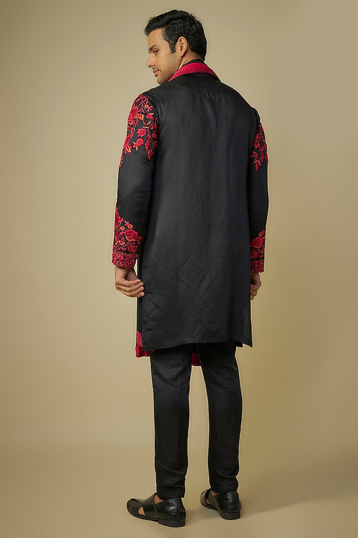 Black Linen Silk Kashmiri Embroidered Kurta Set by sharad raghav men at Pernia's Pop Up Shop