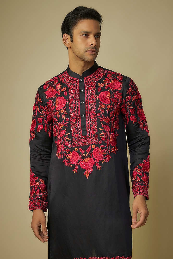 Black Linen Silk Kashmiri Embroidered Kurta Set by sharad raghav men at Pernia's Pop Up Shop