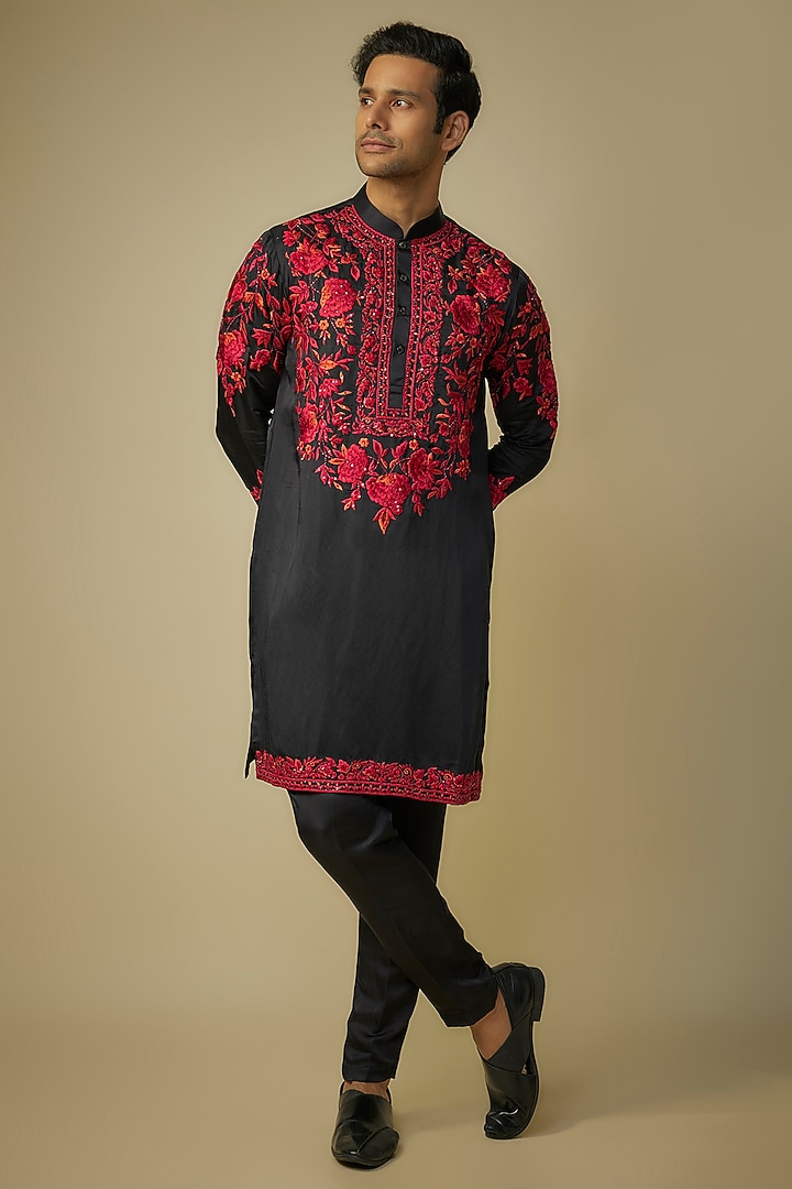 Black Linen Silk Kashmiri Embroidered Kurta Set by sharad raghav men at Pernia's Pop Up Shop