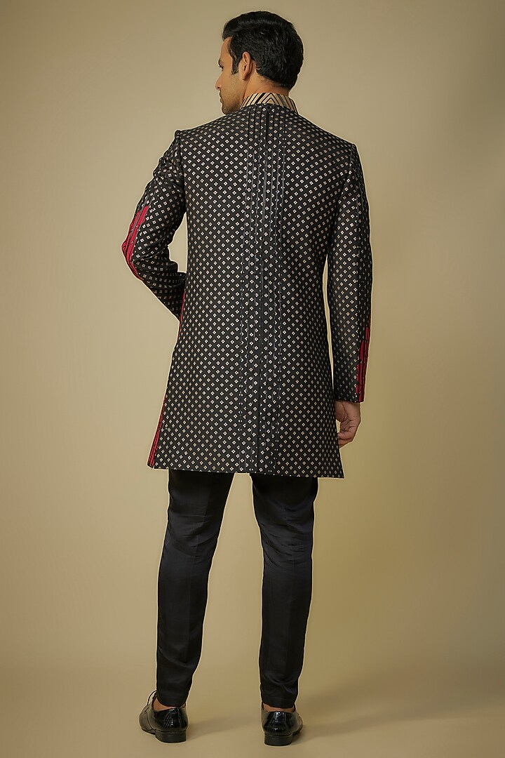 Black Banarasi Brocade Applique Work Wedding Indowestern Set by sharad raghav men at Pernia's Pop Up Shop
