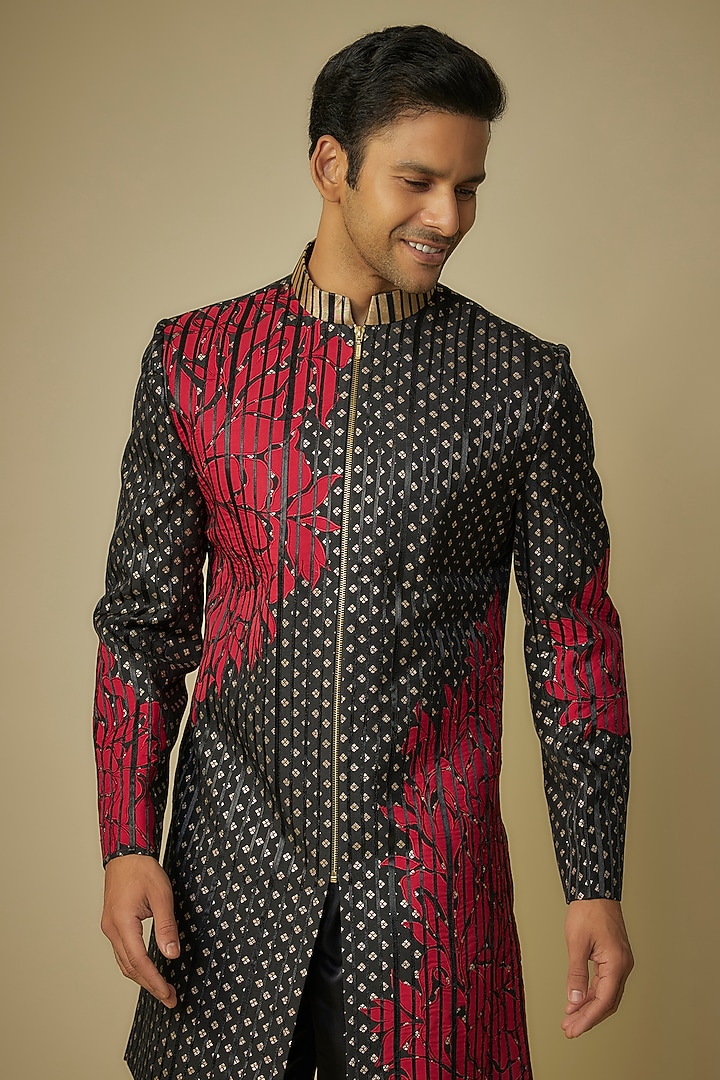 Black Banarasi Brocade Applique Work Wedding Indowestern Set by sharad raghav men at Pernia's Pop Up Shop