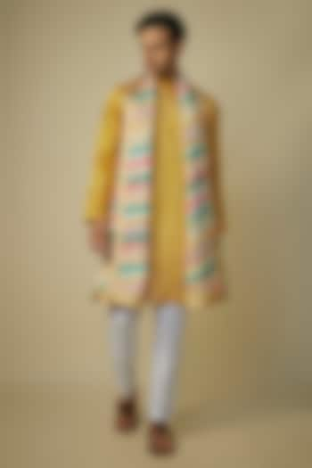 Yellow Linen Silk Hand Embroidered Kurta Set by sharad raghav men