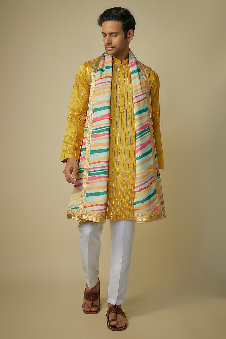 Yellow Linen Silk Hand Embroidered Kurta Set by sharad raghav men