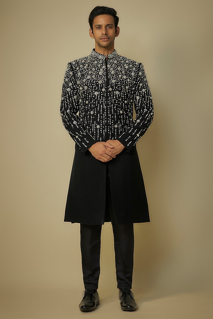 Black Polyester Pearl Hand Embroidered Indowestern Set by sharad raghav men at Pernia's Pop Up Shop