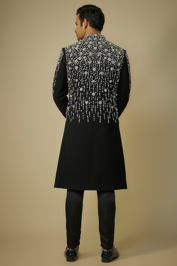 Black Polyester Pearl Hand Embroidered Groom Indowestern Set by sharad raghav men at Pernia's Pop Up Shop
