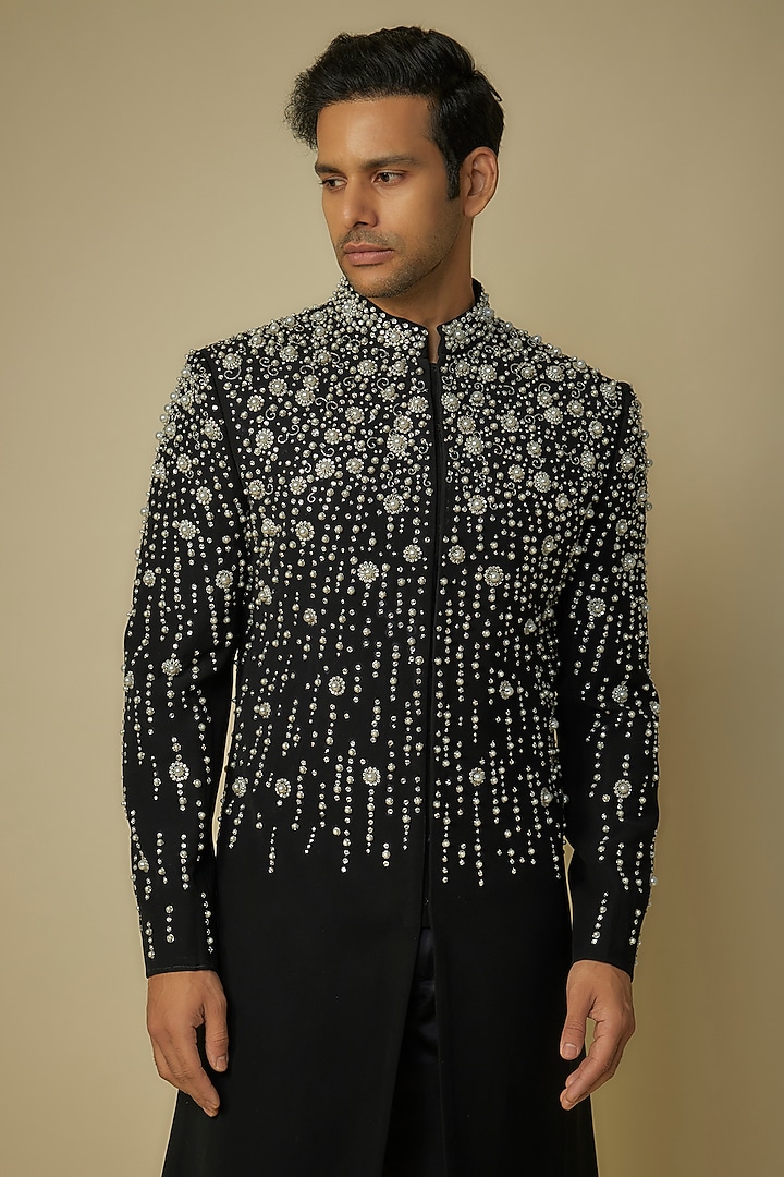 Black Polyester Pearl Hand Embroidered Groom Indowestern Set by sharad raghav men at Pernia's Pop Up Shop
