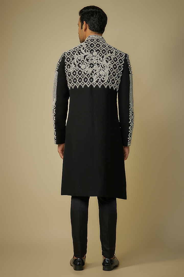 Black Polyester Pearl Hand Embroidered Groom Indowestern Set by sharad raghav men at Pernia's Pop Up Shop