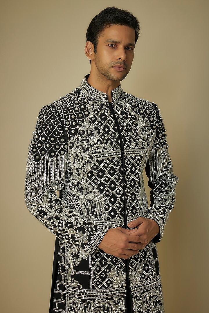 Black Polyester Pearl Hand Embroidered Groom Indowestern Set by sharad raghav men at Pernia's Pop Up Shop