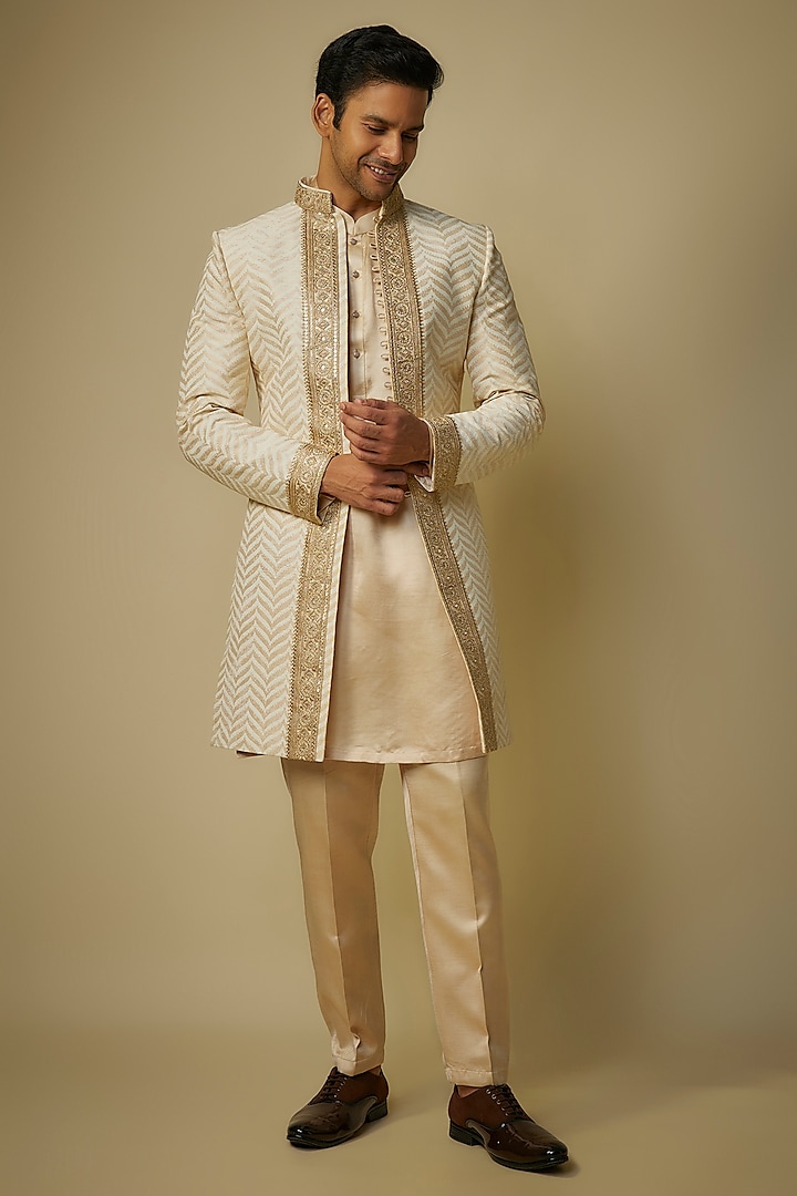 Ivory Pure Raw Silk Block Printed Indowestern Set by sharad raghav men